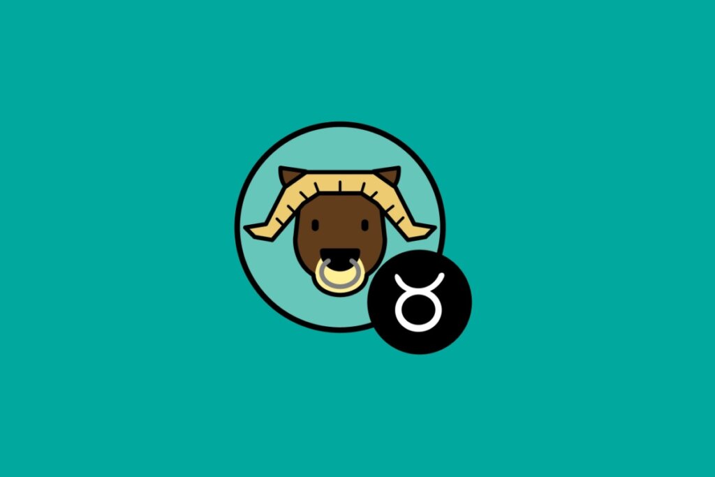 Ilustração do signo de Touro, em fundo verde-azulado, contendo a cabeça de um touro marrom dentro de um círculo azul-claro, e o símbolo astrológico em um círculo preto