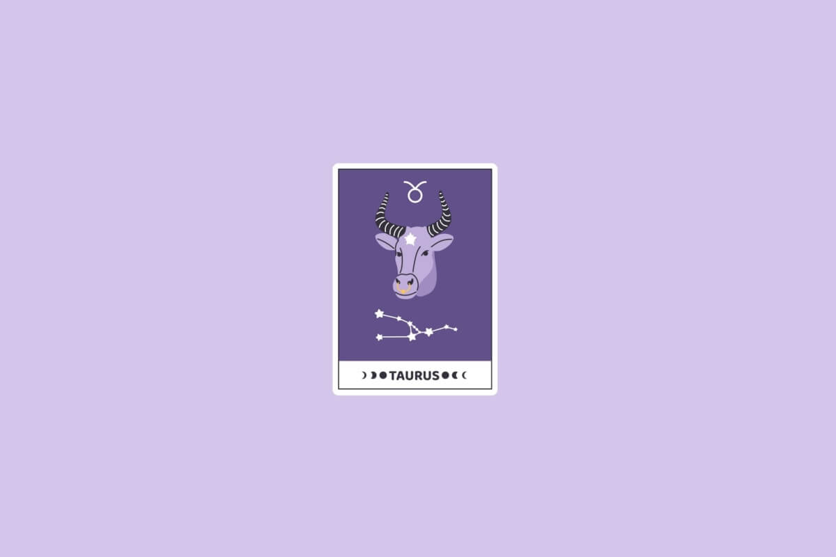 Ilustra&ccedil;&atilde;o do signo de Touro com a cabe&ccedil;a de um touro estilizada, seus chifres em destaque, sobre um fundo roxo com a constela&ccedil;&atilde;o de Touro na base