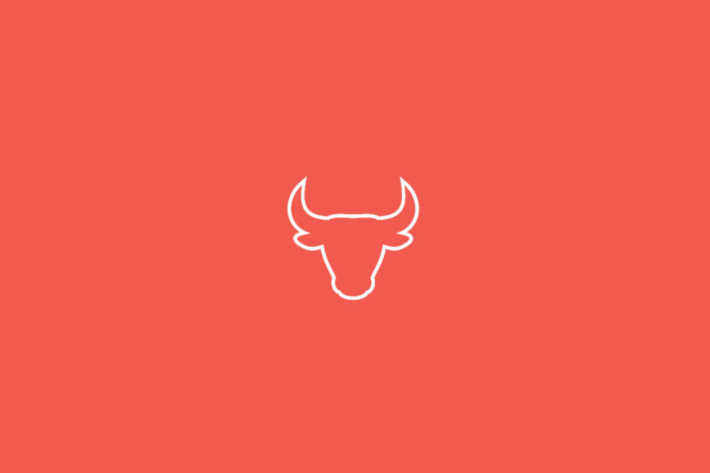 Ilustração do signo de Touro em fundo vermelho, com a cabeça de um touro de chifres curvados