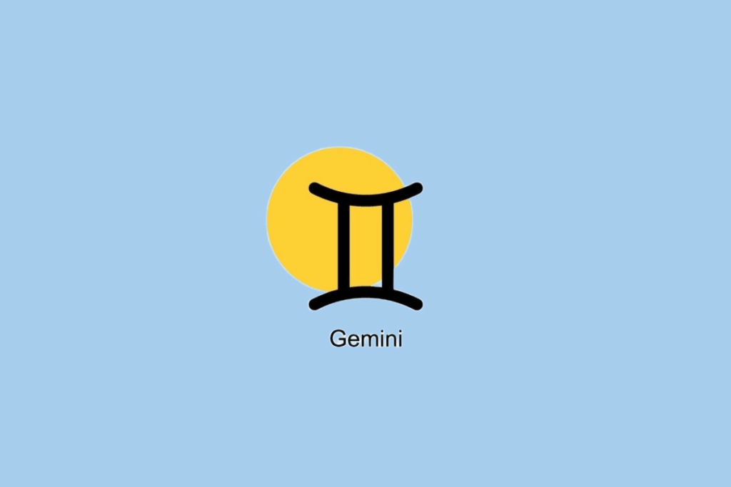 SÃ­mbolo do signo de GÃªmeos ao lado de cÃ­rculo amarelo em fundo azul claro