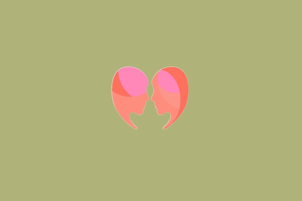 Ilustra&ccedil;&atilde;o de dois rostos femininos em tons de rosa e laranja, posicionados frente a frente, sobre fundo verde-oliva