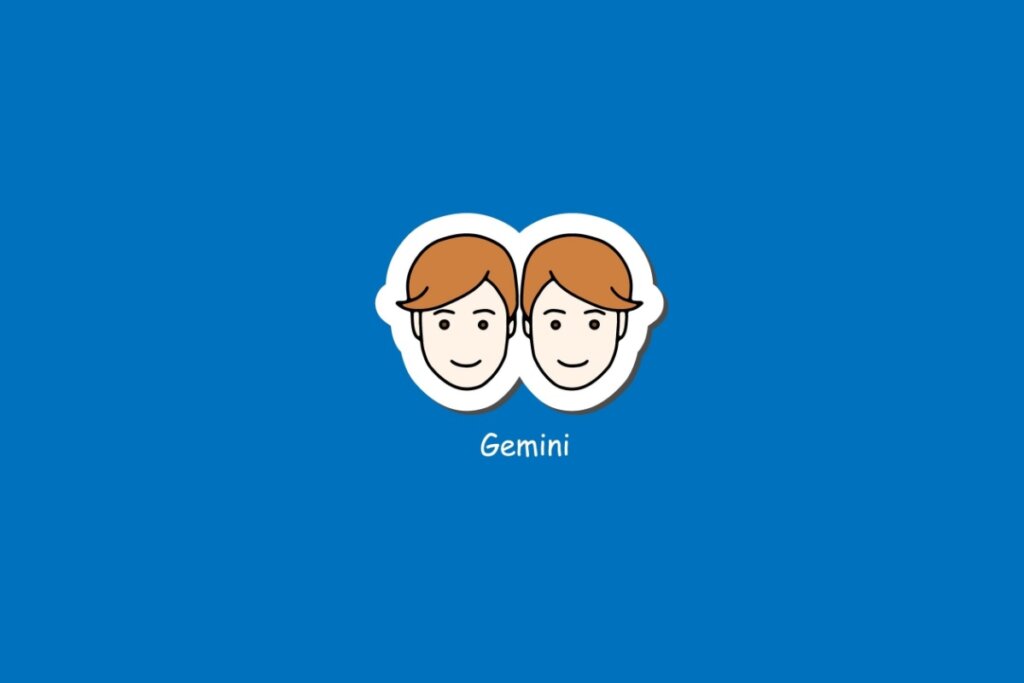 Ilustra&Atilde;&sect;&Atilde;&pound;o do signo de G&Atilde;&ordf;meos, em fundo azul, com dois rostos id&Atilde;&ordf;nticos de cabelos castanhos sorrindo lado a lado