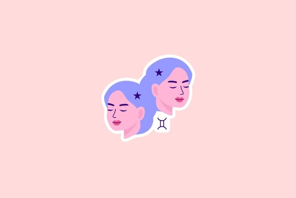 IlustraÃ§Ã£o de dois rostos femininos lilÃ¡s com olhos fechados e o sÃ­mbolo de GÃªmeos entre eles, sobre fundo rosa-claro