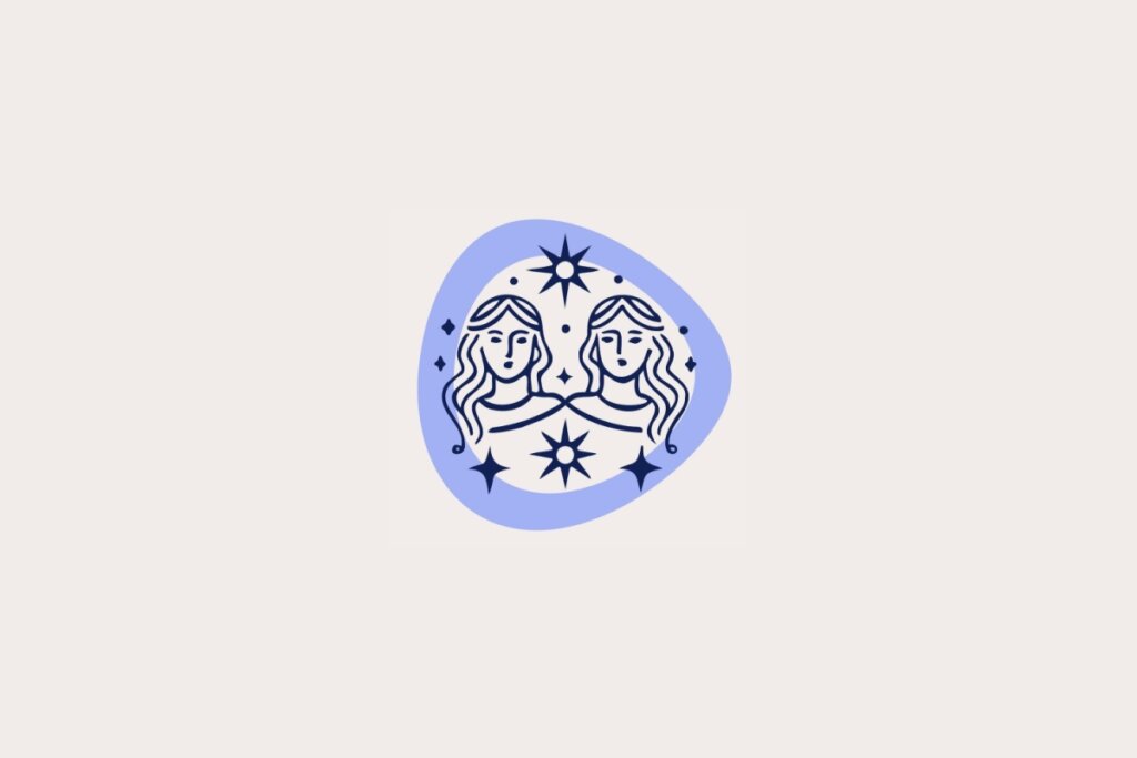 Ilustra&ccedil;&atilde;o do signo de G&ecirc;meos, em fundo bege-claro, contendo duas figuras femininas lado a lado com estrelas ao redor dentro de uma moldura lil&aacute;s