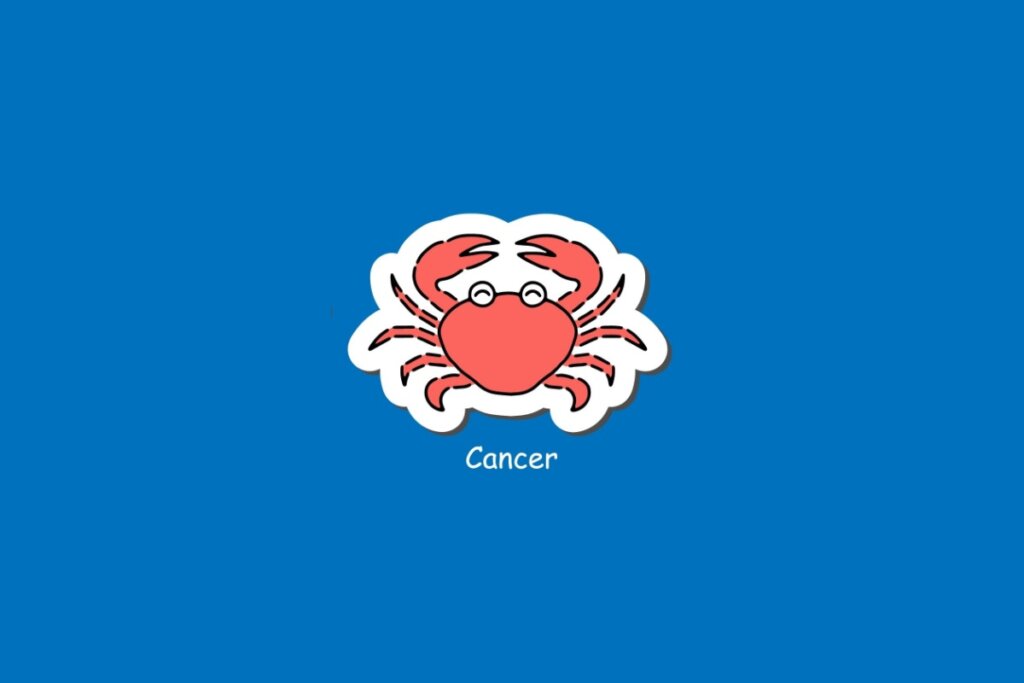Ilustra&Atilde;&sect;&Atilde;&pound;o do signo de C&Atilde;&cent;ncer, em fundo azul, com caranguejo vermelho e &Atilde;&sup3;culos, de patas abertas