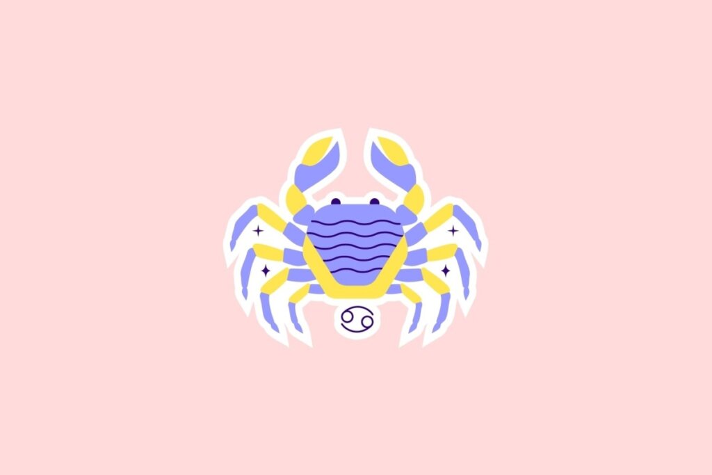 IlustraÃ§Ã£o de um caranguejo estilizado em amarelo, azul e lilÃ¡s com o sÃ­mbolo de CÃ¢ncer abaixo, sobre fundo rosa-claro