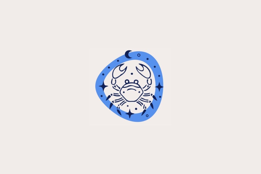 Ilustra&ccedil;&atilde;o do signo de C&acirc;ncer, em fundo bege-claro, contendo um caranguejo estilizado dentro de uma moldura azul com estrelas