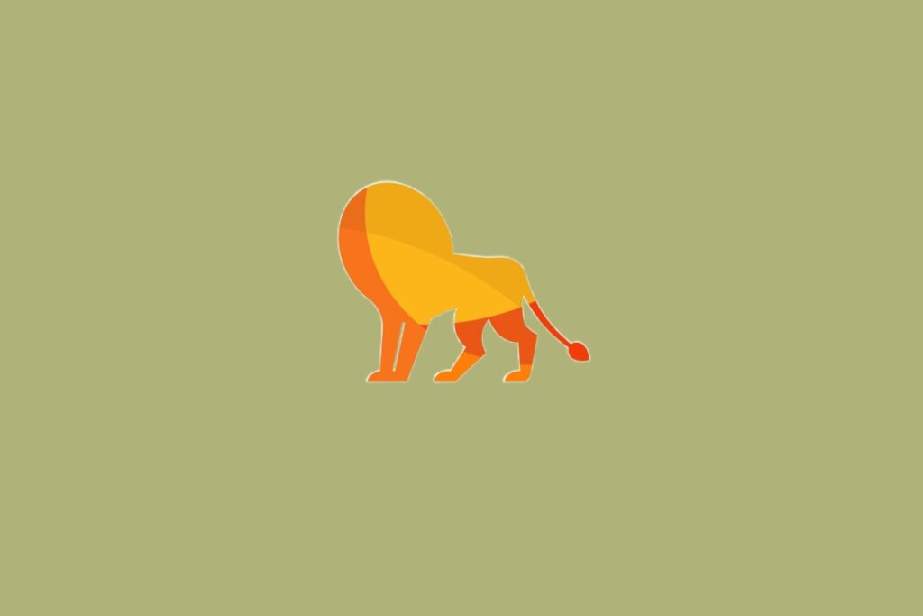 Ilustra&ccedil;&atilde;o de um le&atilde;o em amarelo e laranja, com corpo de perfil e juba volumosa em forma circular, sobre fundo verde-oliva
