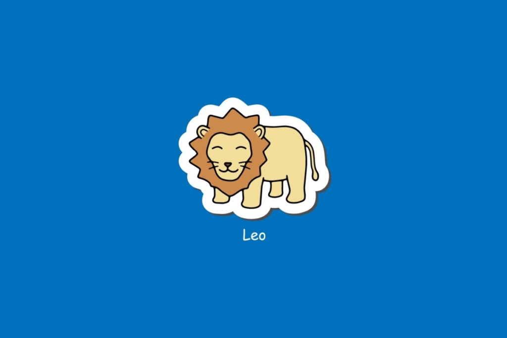 Ilustra&Atilde;&sect;&Atilde;&pound;o do signo de Le&Atilde;&pound;o, em fundo azul, com le&Atilde;&pound;o amarelo de juba volumosa e express&Atilde;&pound;o amig&Atilde;&iexcl;vel