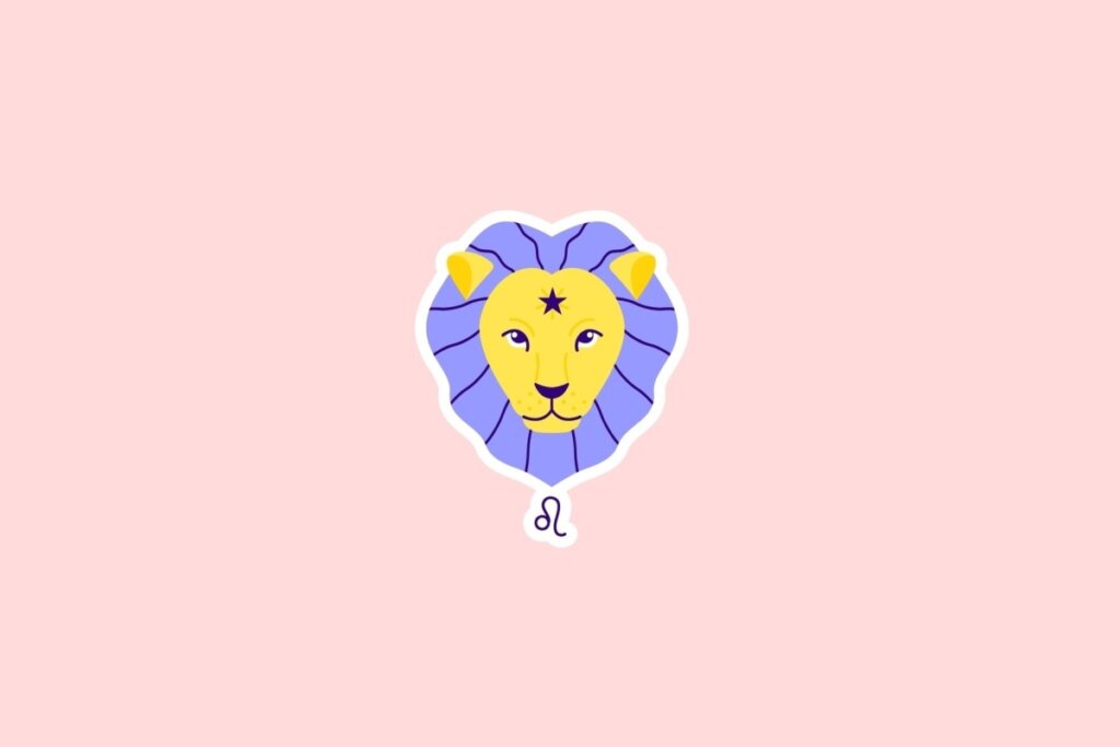 IlustraÃ§Ã£o do rosto de um leÃ£o amarelo com juba roxa e o sÃ­mbolo de LeÃ£o abaixo, sobre fundo rosa-claro