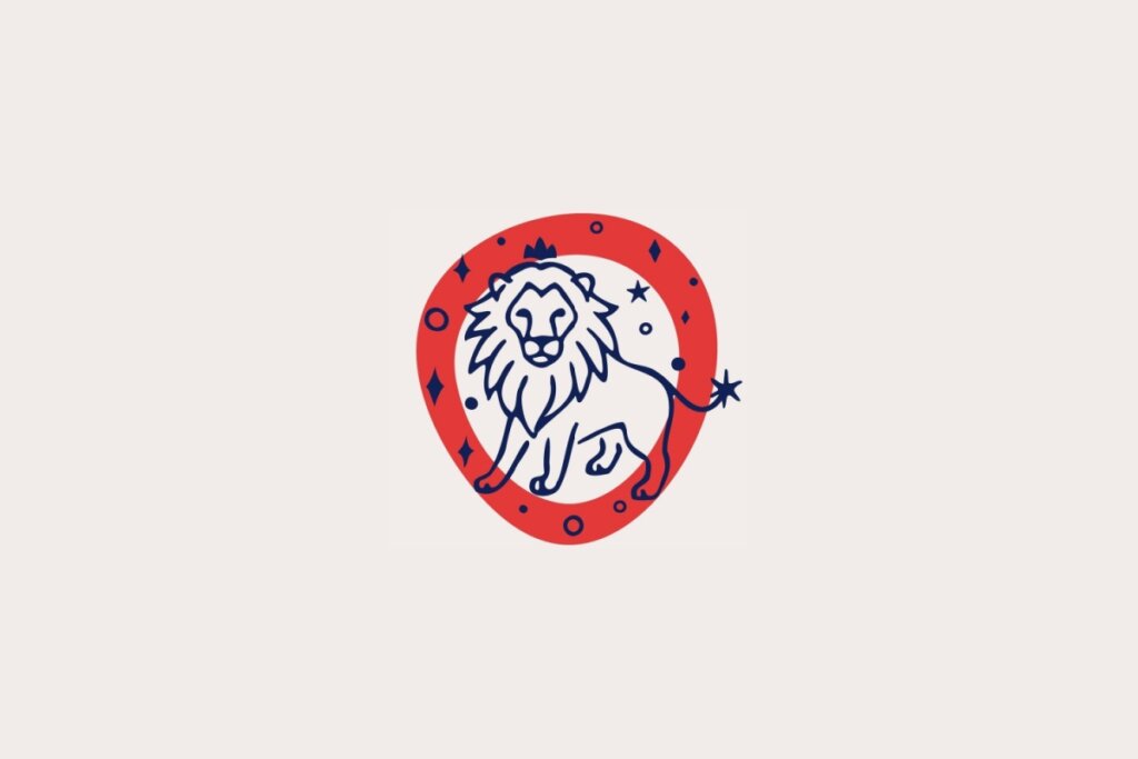Ilustra&ccedil;&atilde;o do signo de Le&atilde;o, em fundo bege-claro, contendo um le&atilde;o com juba destacada e cauda levantada dentro de uma moldura vermelha