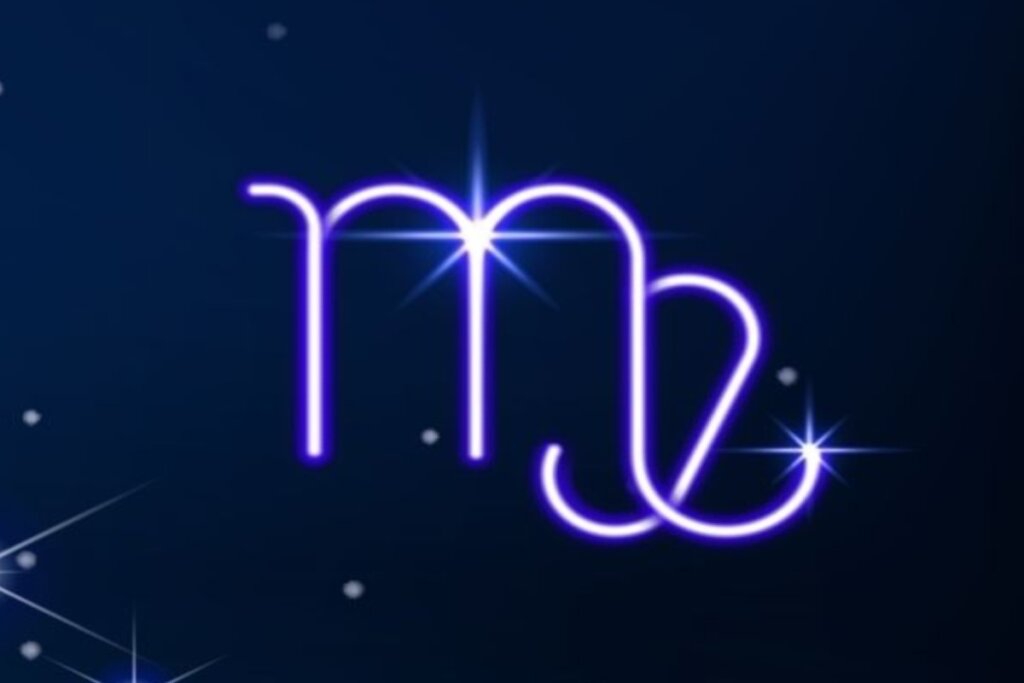 SÃ­mbolo do signo de Virgem em roxo em fundo azul-escuro com pontos de luz simbolizando as estrelas