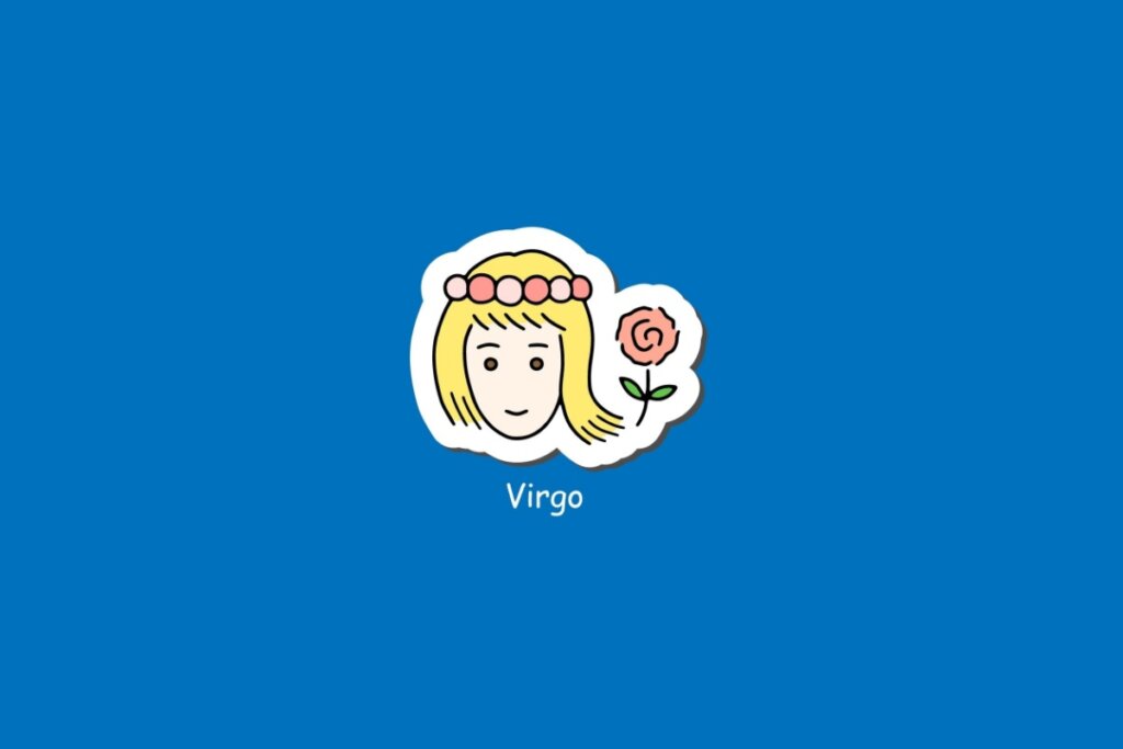 Ilustra&Atilde;&sect;&Atilde;&pound;o do signo de Virgem, em fundo azul, com rosto feminino de cabelos loiros, tiara e rosa ao lado
