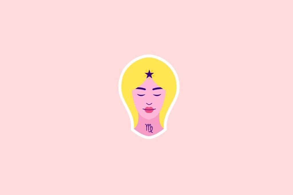 IlustraÃ§Ã£o de um rosto feminino com cabelos amarelos, olhos fechados e o sÃ­mbolo de Virgem no pescoÃ§o, sobre fundo rosa-claro