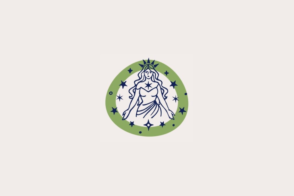 Ilustra&ccedil;&atilde;o do signo de Virgem, em fundo bege-claro, contendo uma figura feminina de bra&ccedil;os abertos com uma estrela no peito dentro de uma moldura verde com estrelas
