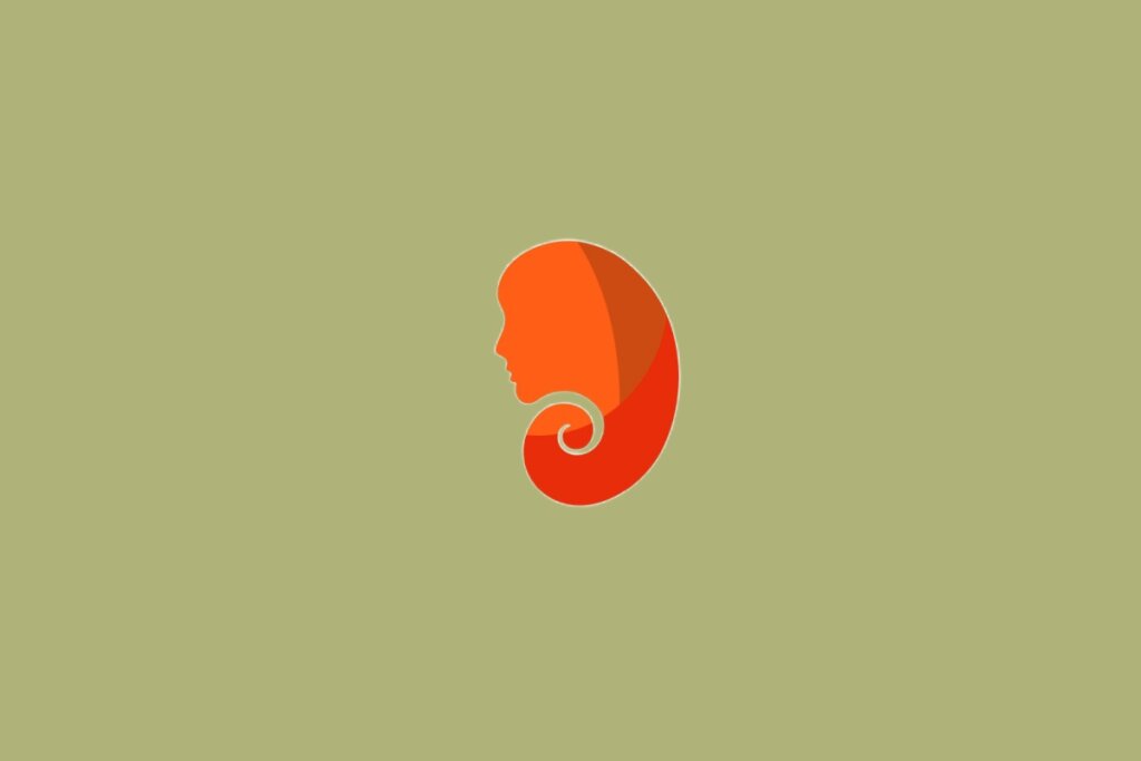 S&iacute;mbolo estilizado de uma mulher de perfil com cabelos formando um caracol em tons de vermelho e laranja, sobre fundo verde-oliva