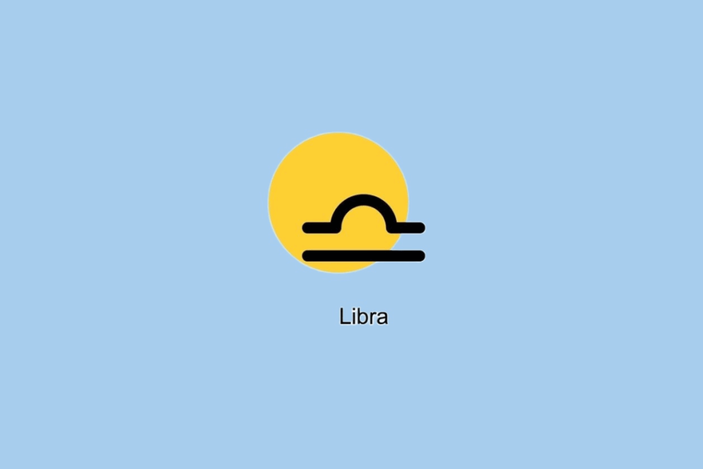 SÃ­mbolo do signo de Libra ao lado de cÃ­rculo amarelo em fundo azul claro