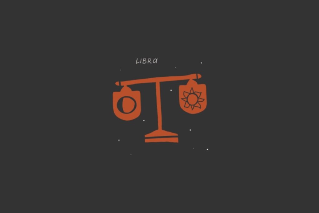 Ilustração do sÃmbolo de Libra, representado por uma balança vermelha equilibrando um sol e uma lua, sobre um fundo escuro