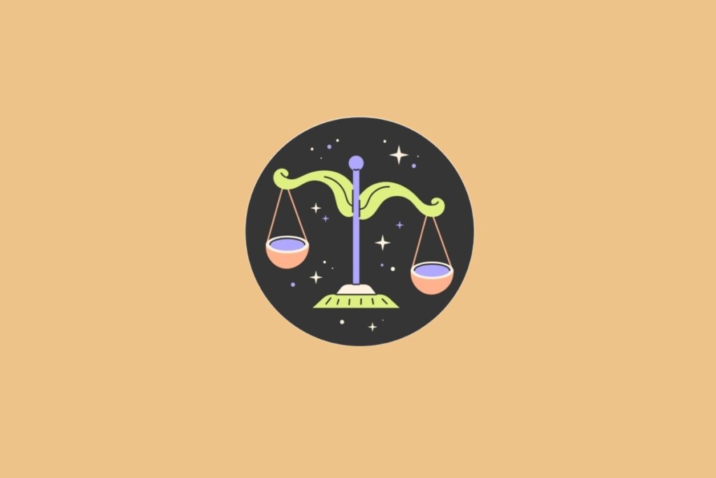 Ilustração do signo de Libra, em fundo alaranjado, com uma balança verde com dois pratos suspensos em equilÃbrio
