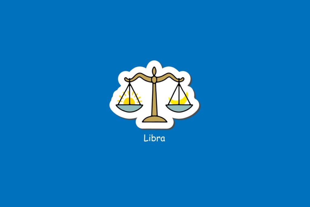 Ilustra&Atilde;&sect;&Atilde;&pound;o do signo de Libra, em fundo azul, com balan&Atilde;&sect;a dourada equilibrando dois pratos com sol e lua