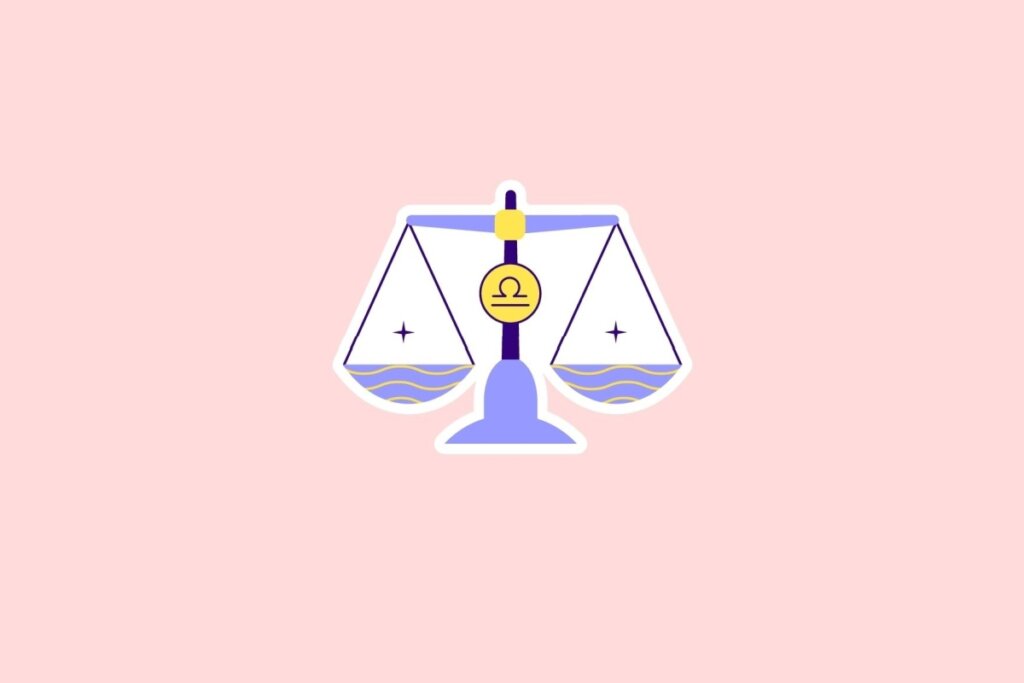 IlustraÃ§Ã£o da balanÃ§a, sÃ­mbolo de Libra, em tons de lilÃ¡s, azul e amarelo, sobre fundo rosa-claro