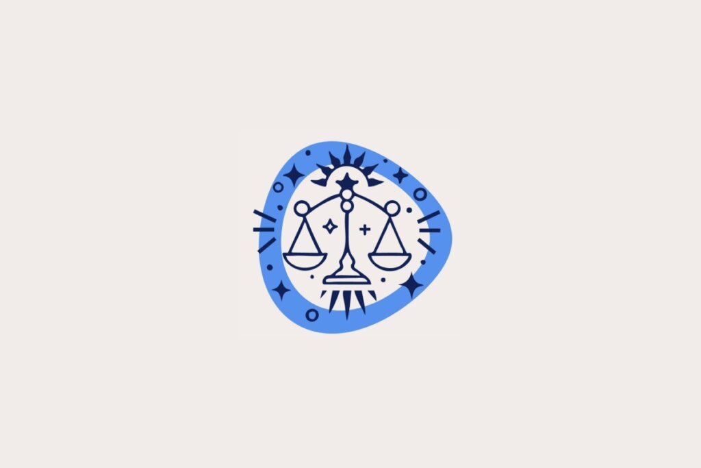 Ilustra&ccedil;&atilde;o do signo de Libra, em fundo bege-claro, contendo uma balan&ccedil;a centralizada dentro de uma moldura azul com estrelas