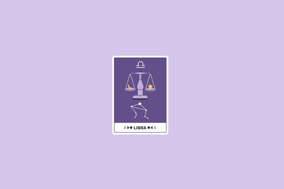 Ilustra&ccedil;&atilde;o do signo de Libra com uma balan&ccedil;a equilibrada, a constela&ccedil;&atilde;o de Libra e o s&iacute;mbolo do signo no topo