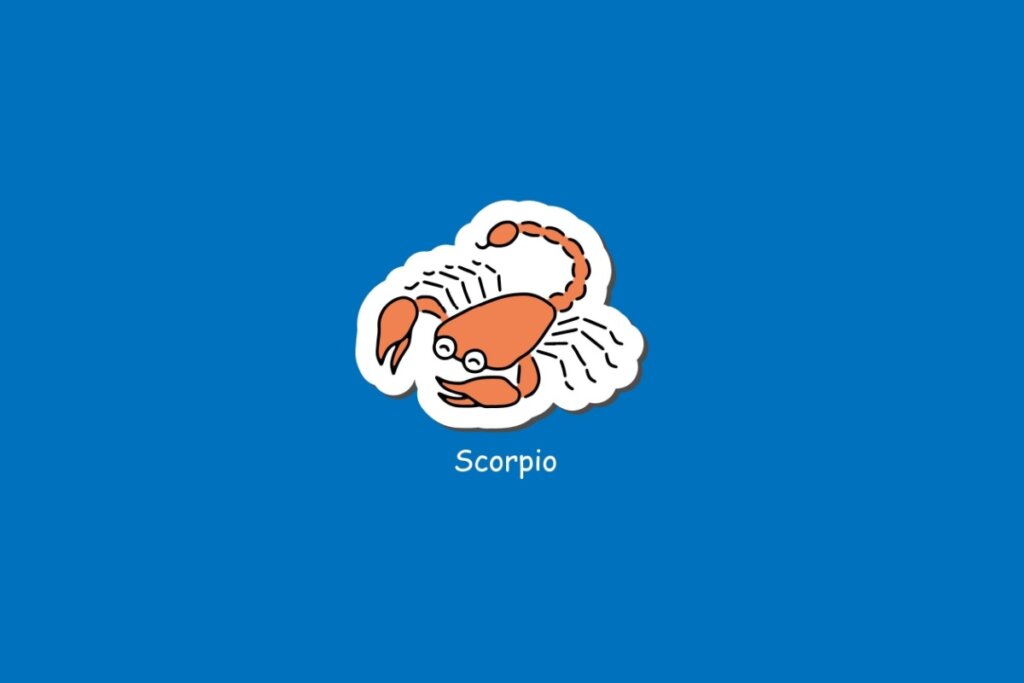 Ilustra&Atilde;&sect;&Atilde;&pound;o do signo de Escorpi&Atilde;&pound;o, em fundo azul, com escorpi&Atilde;&pound;o laranja de pin&Atilde;&sect;as e cauda arqueada