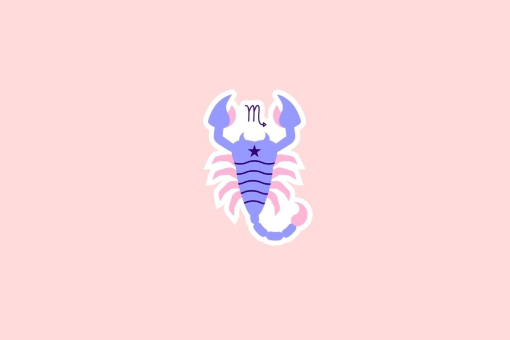 IlustraÃ§Ã£o de um escorpiÃ£o em tons de azul, roxo e rosa com o sÃ­mbolo de EscorpiÃ£o acima, sobre fundo rosa-claro