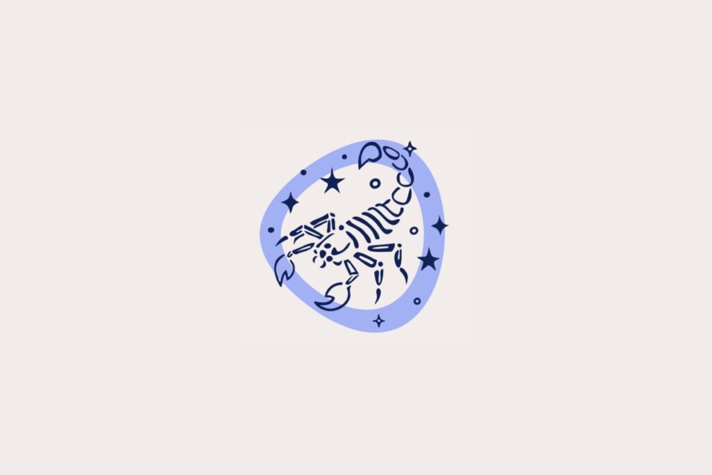 Ilustra&ccedil;&atilde;o do signo de Escorpi&atilde;o, em fundo bege-claro, contendo um escorpi&atilde;o estilizado dentro de uma moldura azul com estrelas