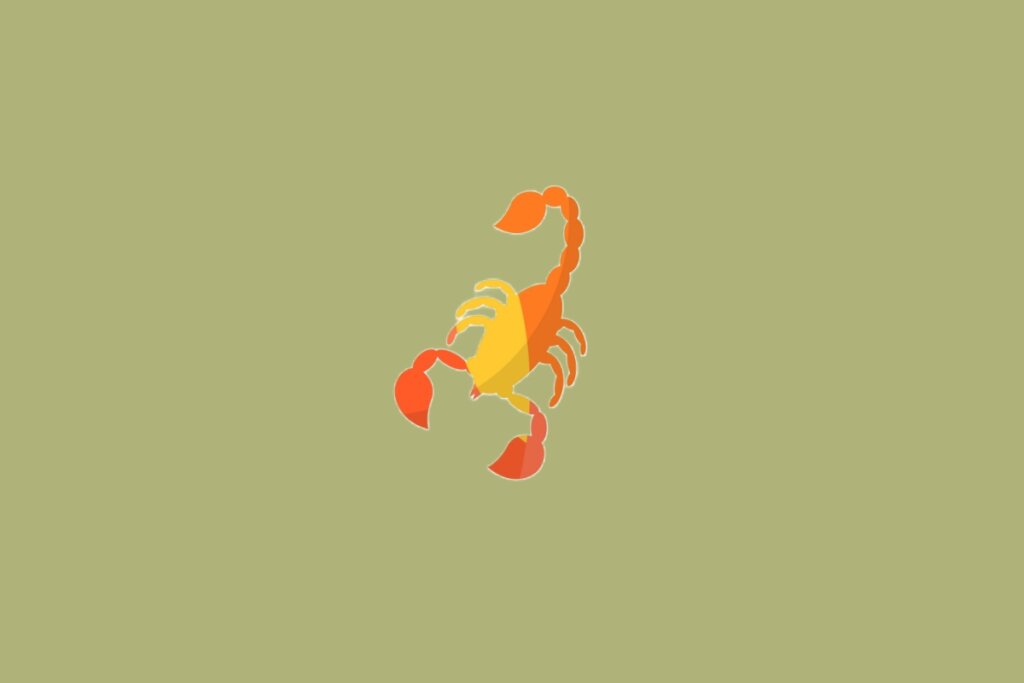 Ilustra&ccedil;&atilde;o de um escorpi&atilde;o com corpo em tons de laranja e vermelho, com pin&ccedil;as e cauda curvas voltadas para cima, sobre fundo verde-oliva