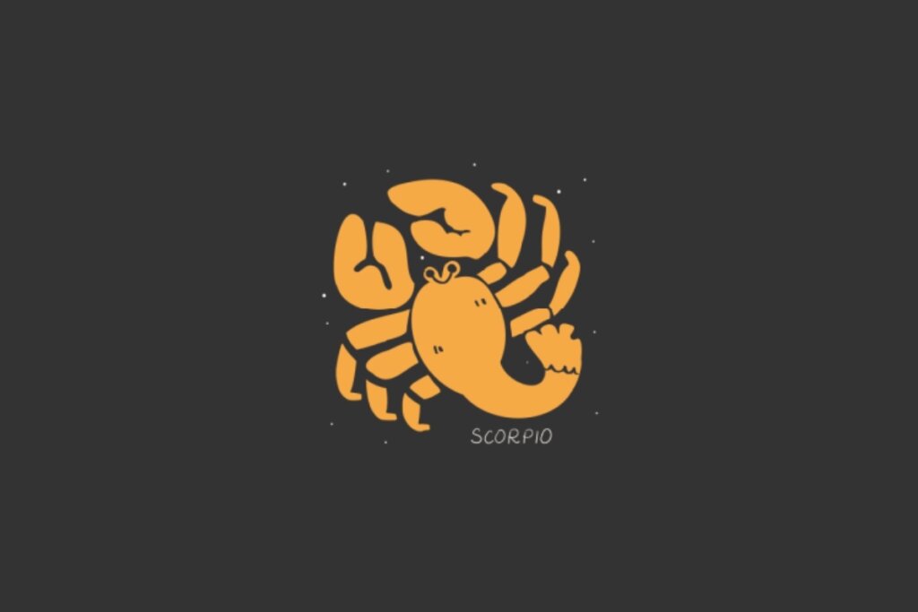 Ilustração do sÃmbolo de Escorpião, retratado por um escorpião alaranjado de traços simples, com cauda arqueada, sobre um fundo escuro