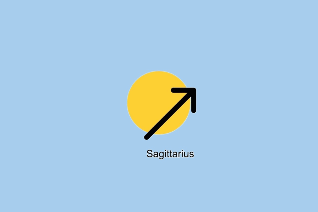SÃ­mbolo do signo de SagitÃ¡rio ao lado de cÃ­rculo amarelo em fundo azul claro