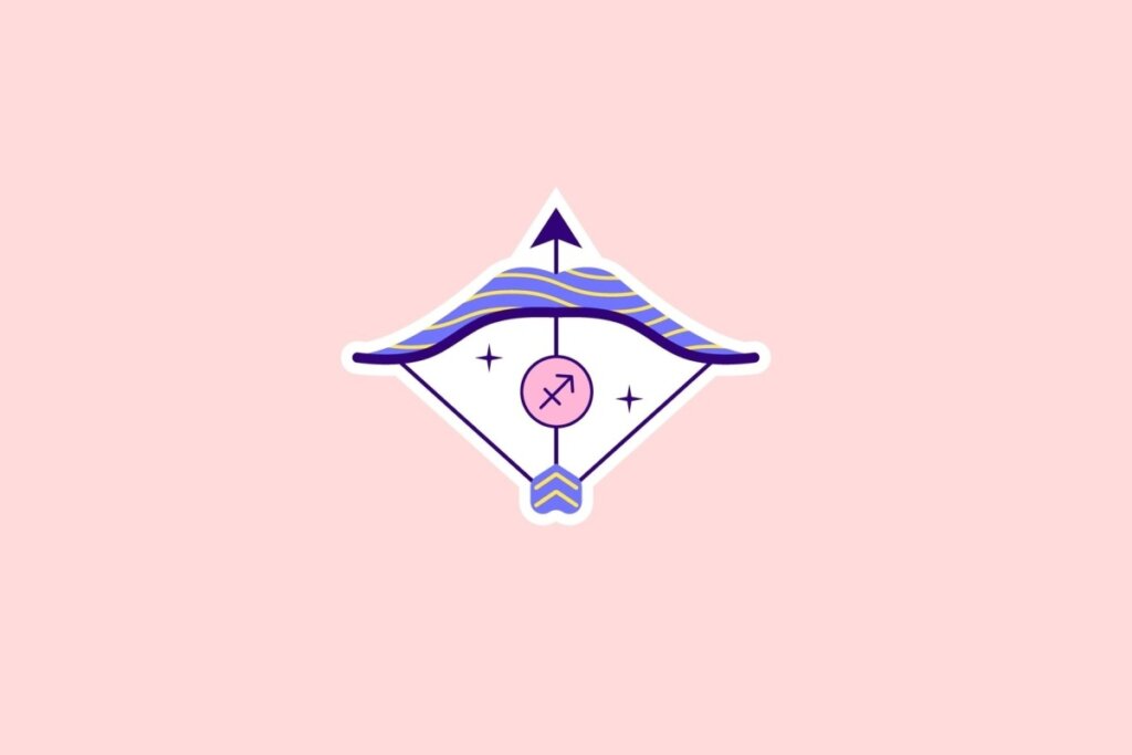 IlustraÃ§Ã£o do sÃ­mbolo de SagitÃ¡rio representado por um arco e flecha em tons de lilÃ¡s, rosa e azul, sobre fundo rosa-claro