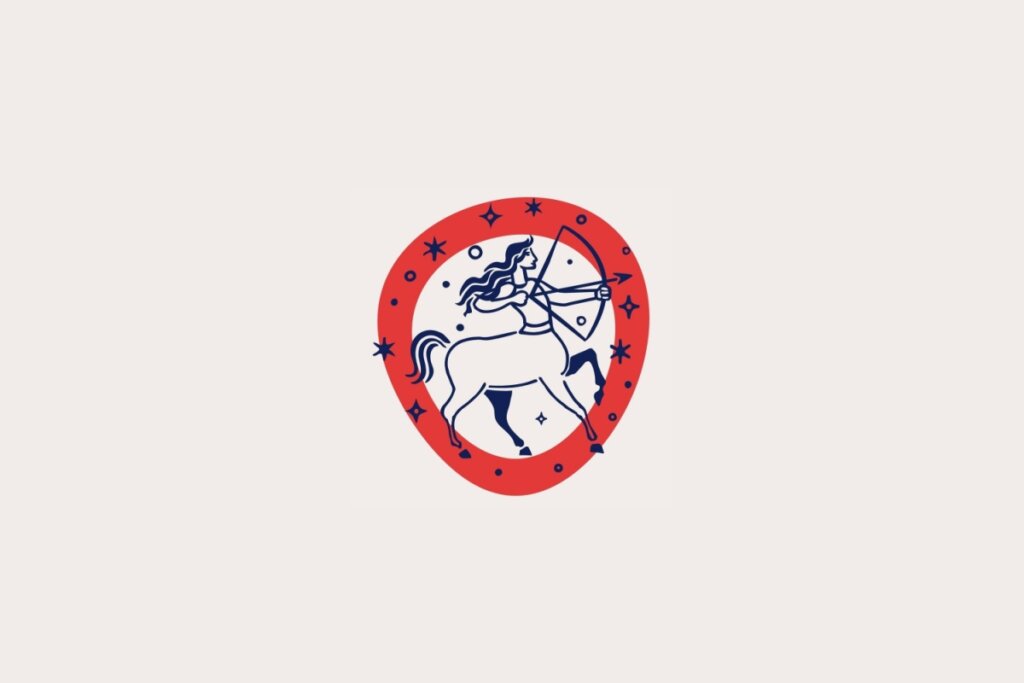 Ilustra&ccedil;&atilde;o do signo de Sagit&aacute;rio, em fundo bege-claro, contendo um centauro arqueiro puxando o arco dentro de uma moldura vermelha