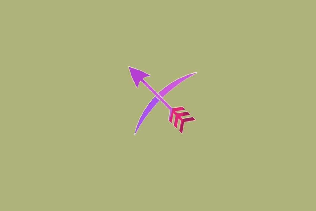 Ilustra&ccedil;&atilde;o do signo de Sagit&aacute;rio com arco e flecha em tons de roxo e vermelho sobre fundo verde-oliva
