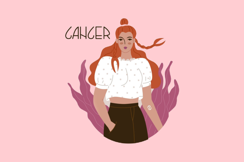 Ilustração de uma mulher ruiva usando uma camiseta branca e calça marrom com uma tatuagem do sÃmbolo de câncer no braço em fundo rosa