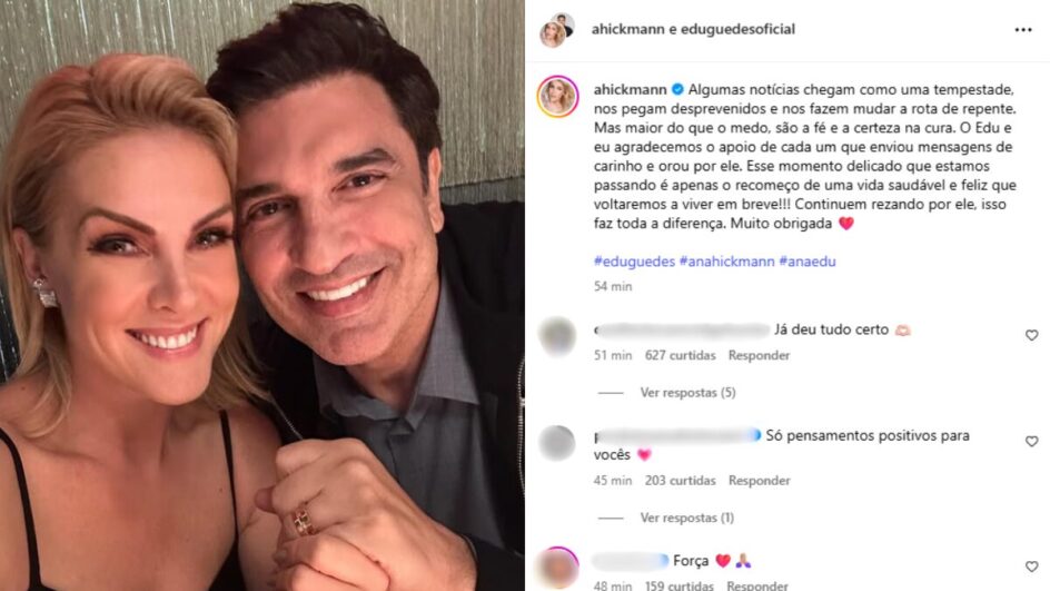 Continuem rezando Ana Hickmann se manifesta sobre câncer de Edu Guedes