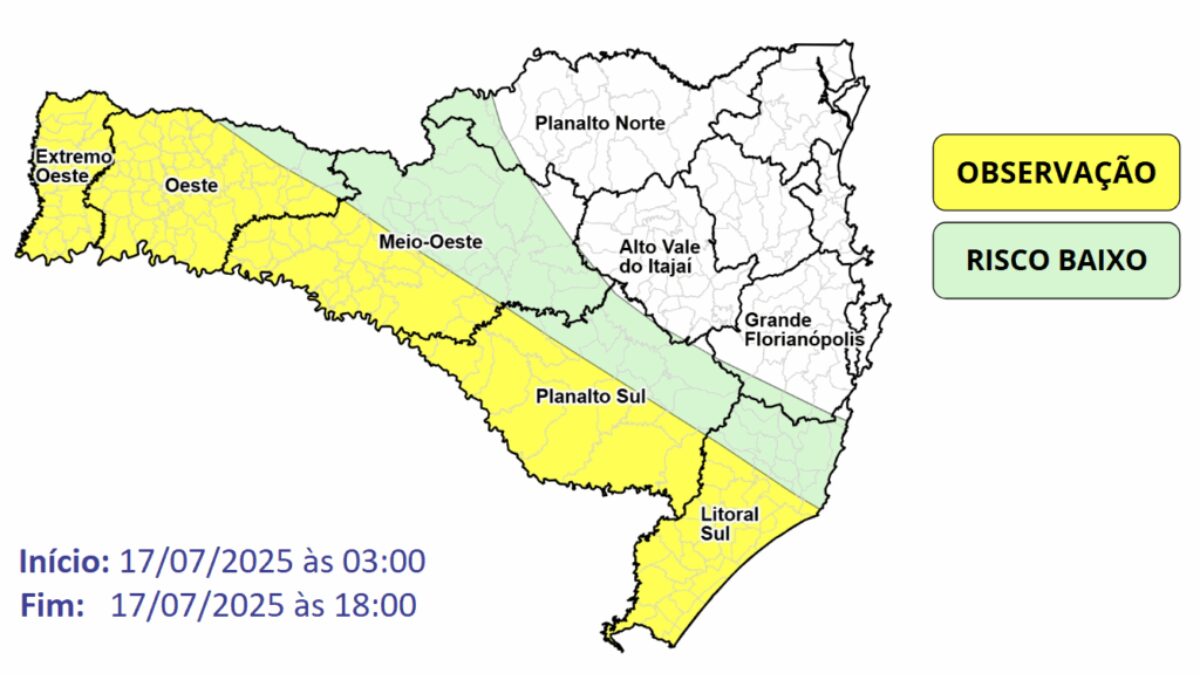 Observação Meteorológica SDC/SC 16/07 10:00 – Temporais isolados nesta quinta-feira (17)