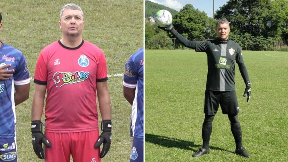 Saiba quem é goleiro "quarentão" que estrou como profissional (Foto: FCF TV e Heverton Luiz Rollwagem, Arquivo Pessoal)