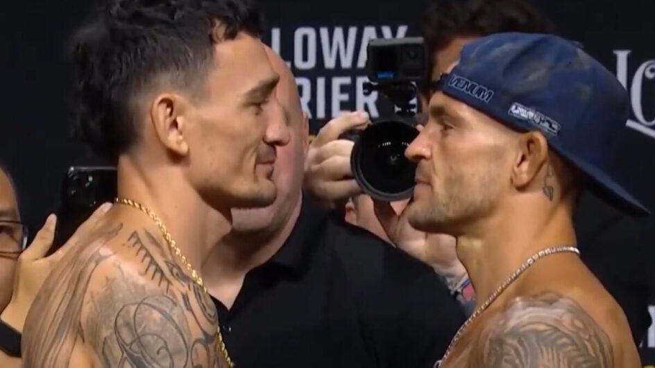 Max Holloway e Dustin Poirier, estrelas da noite, durante encarada (Foto: Reprodução, X, UFC)