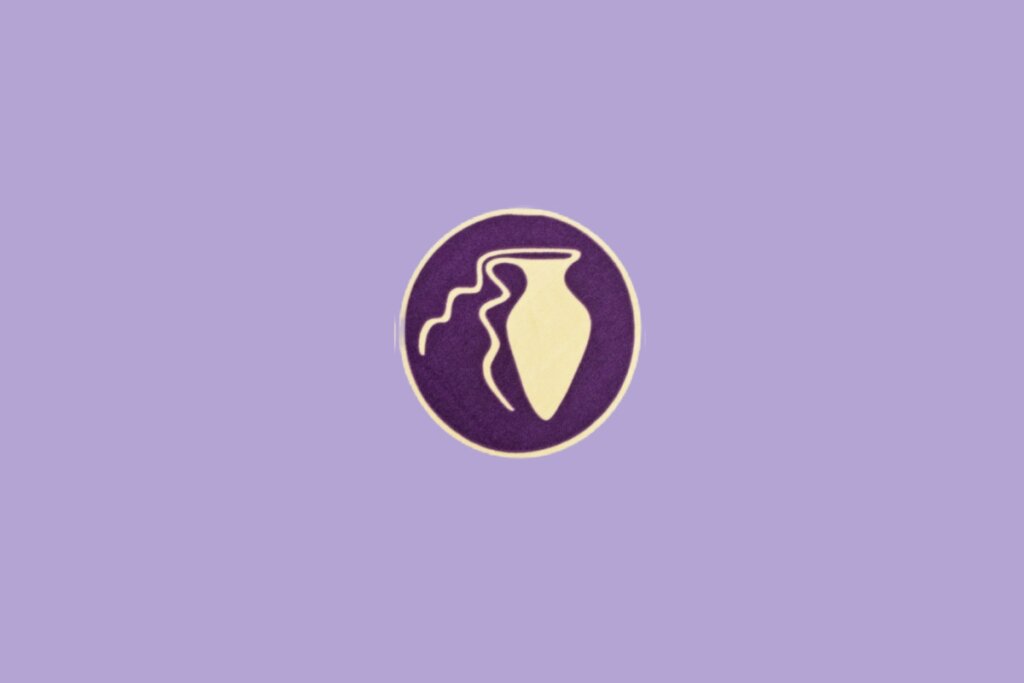 Ilustração minimalista do signo de Aquário, representado por um vaso vertendo água em círculo roxo