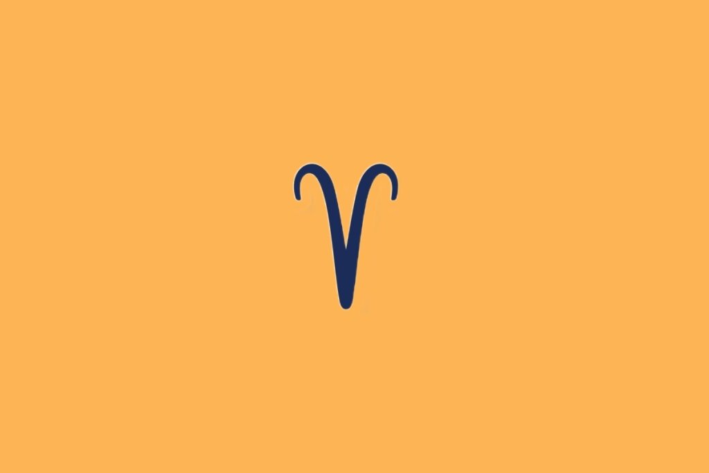 Ilustração do signo de Áries, em fundo alaranjado, com símbolo em forma de "v" curvado para fora, lembrando chifres de carneiro