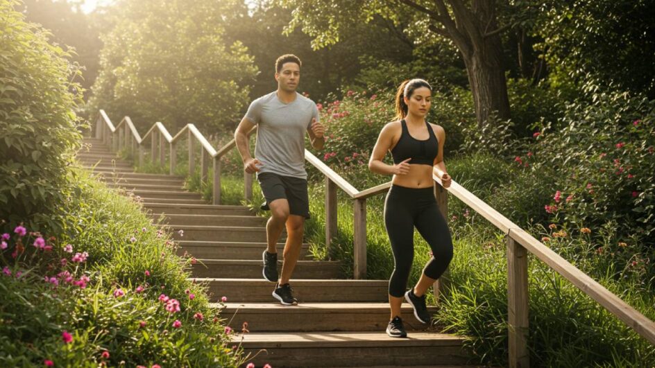 Estudo destaca como a descida de escadas pode substituir exercícios mais intensos. Imagem gerada por IA