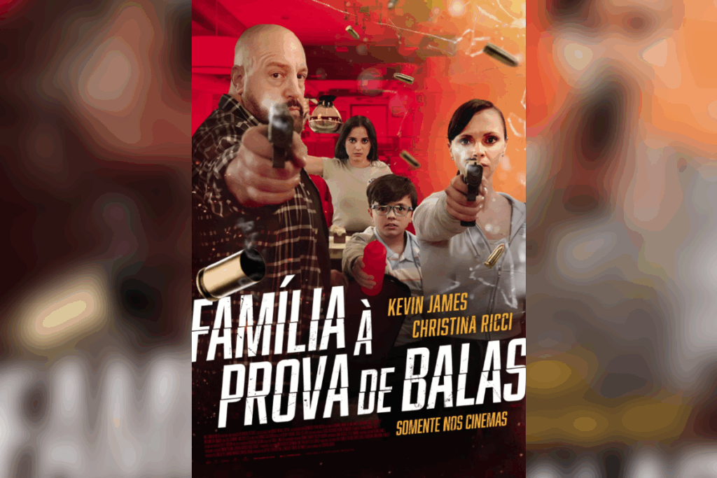 Pôster de "FamÃlia à Prova de Balas" com a famÃlia apontando pistolas em direção ao espectador