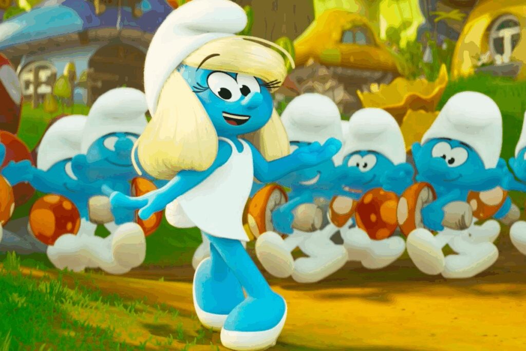 Ilustração de um personagem azul com o cabelo loiro e usando um gorro, um vestido e um sapato branco e atrás há outros personagens da mesma forma