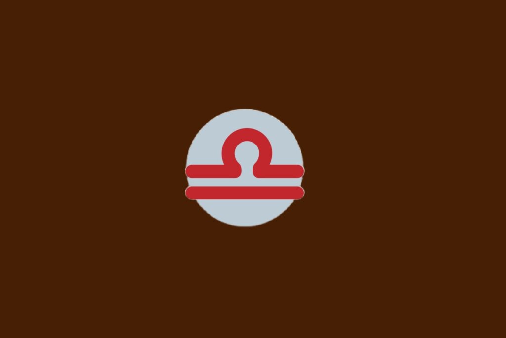 Ilustra&ccedil;&atilde;o do signo de Libra, com s&iacute;mbolo vermelho com arco sobre linha reta, sobre fundo cinza e marrom-escuro