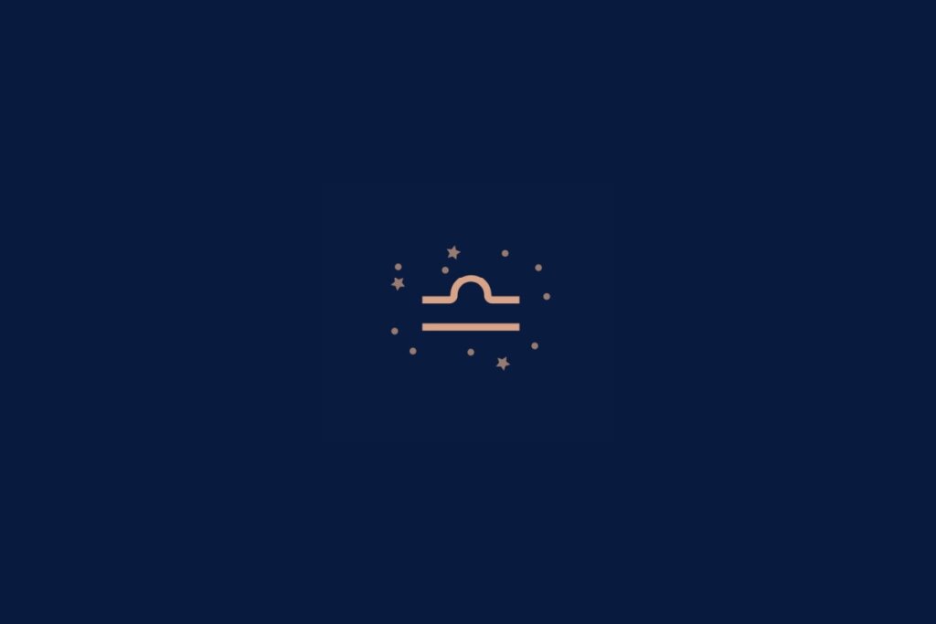 Ilustração do signo de libra rodeado por estrelas em um fundo azul-escuro