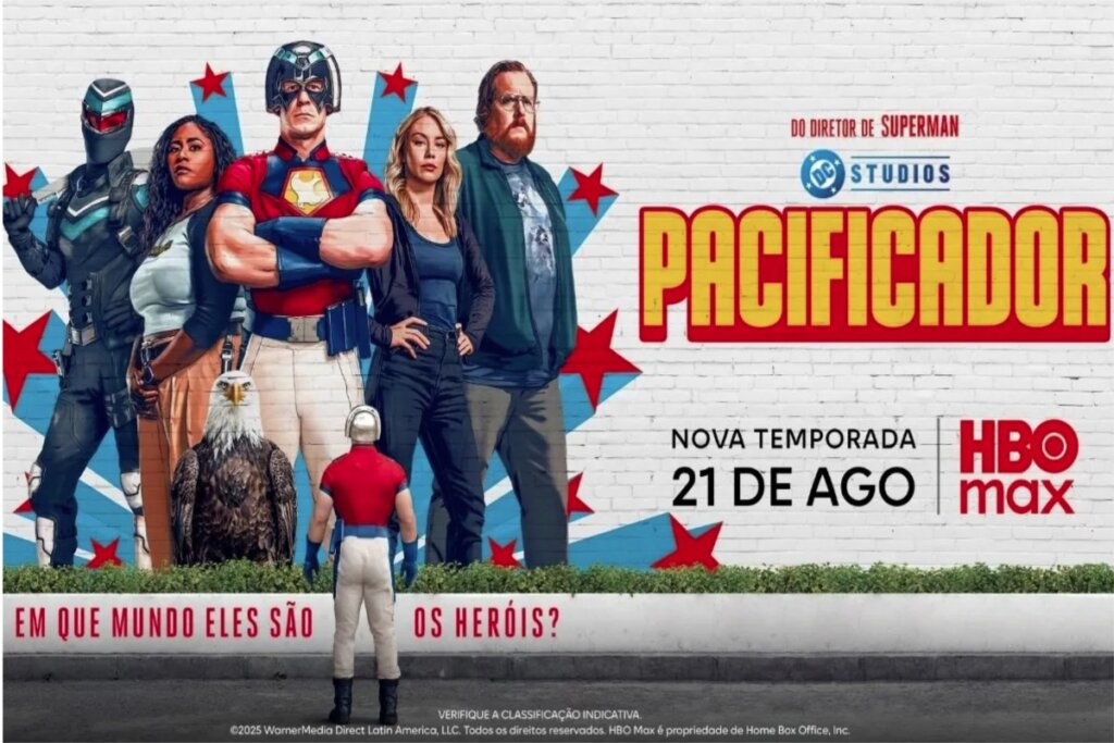 O Pacificador em mural com personagens e Ã¡guia ao lado no pÃ´ster da nova temporada