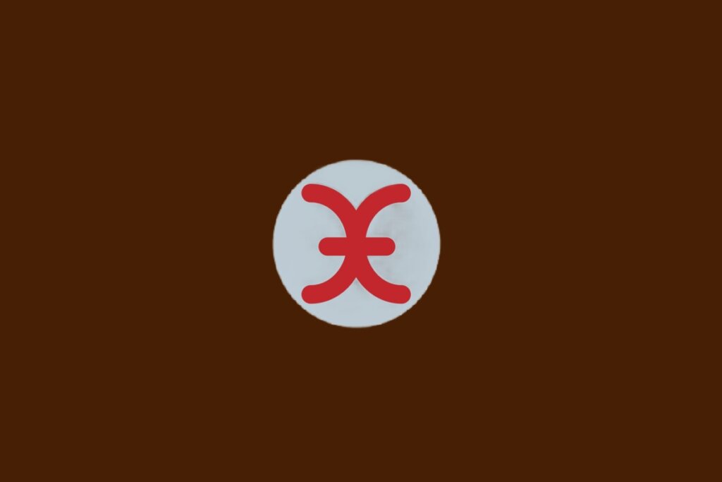 Ilustra&ccedil;&atilde;o do signo de Peixes, com s&iacute;mbolo vermelho com dois arcos curvos ligados por tra&ccedil;o, sobre fundo cinza e marrom-escuro